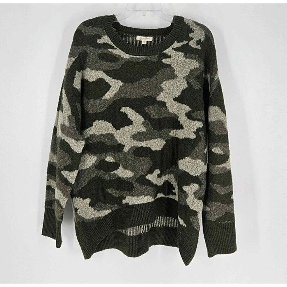 Ultra Flirt Womens Camo Pullover Sweater Olive Green Combo Hi-Low Hem Sz S